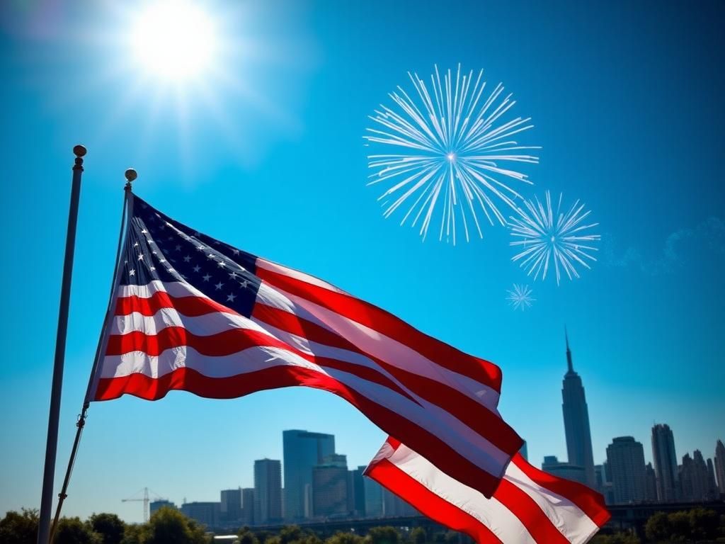 Flick International A majestic American flag billowing against a clear blue sky, symbolizing patriotism.