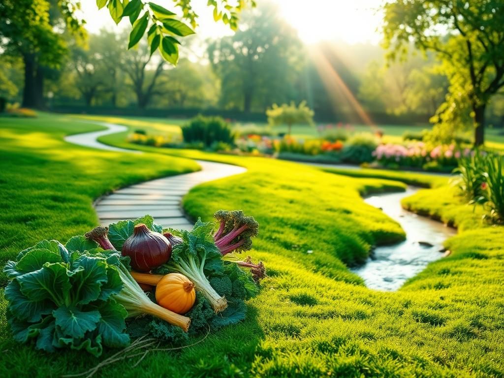 Flick International A serene landscape featuring a winding pathway and vibrant vegetables symbolizing a healthy lifestyle and Alzheimer's prevention.