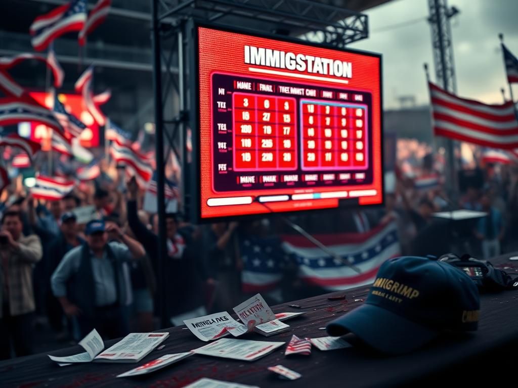 Flick International A dramatic outdoor rally scene with a large LED screen showcasing an immigration chart amidst a blurred crowd of supporters.