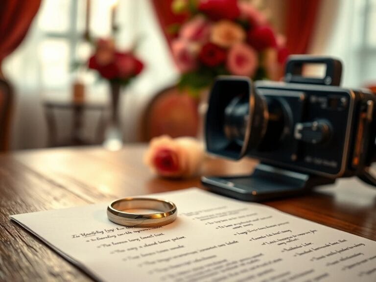 Flick International Close-up of intertwined rings symbolizing love and commitment on a wooden table with a blurred elegant film set backdrop.