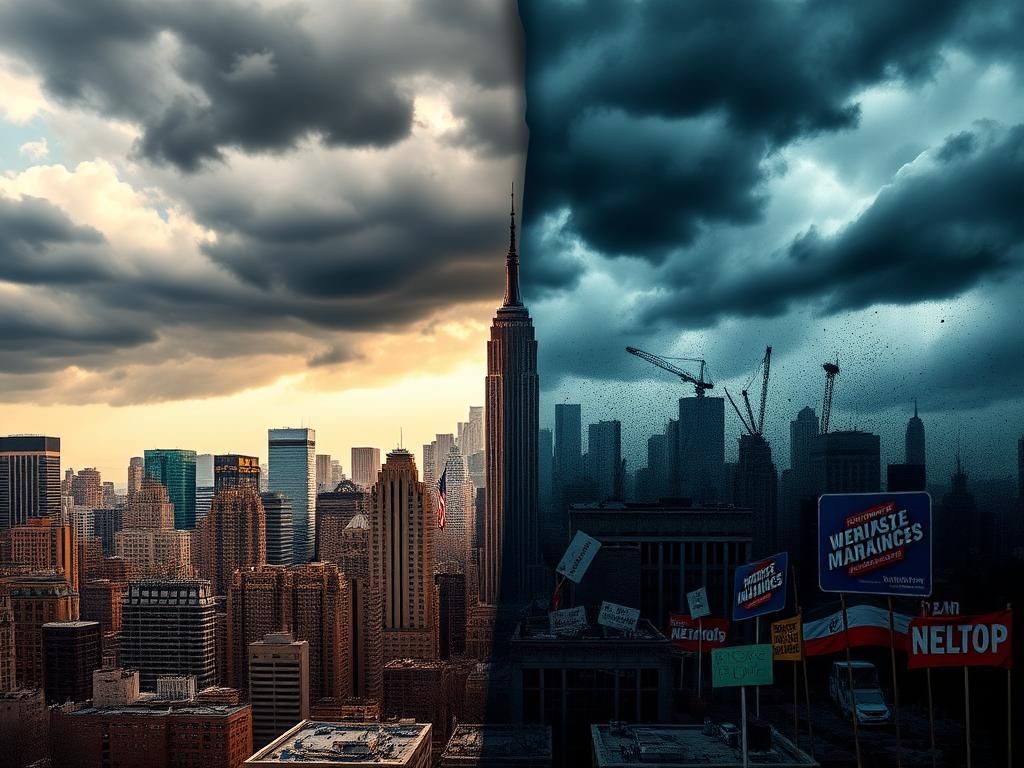 Flick International Dramatic urban landscape of New York City with contrasting political themes