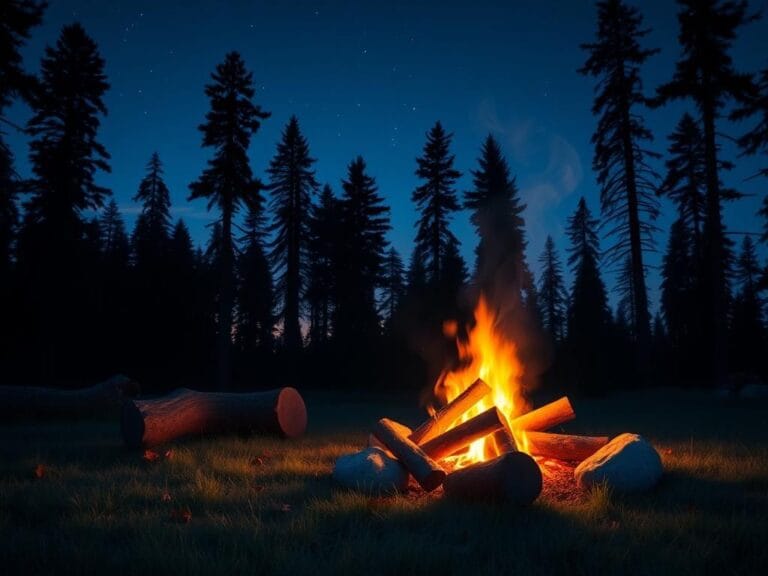 Flick International A serene campfire surrounded by logs and rocks under a starry sky
