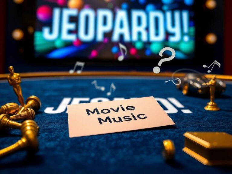 Flick International Close-up of a blue velvet Jeopardy! game board with Oscar statuettes and a highlighted 'Movie Music' card