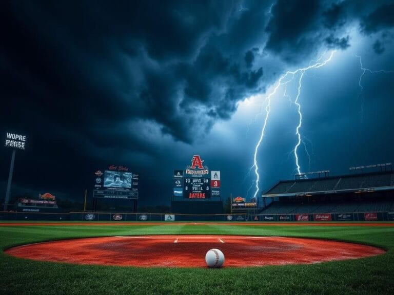 Flick International A minor league baseball field under a stormy sky with dark clouds and lightning.
