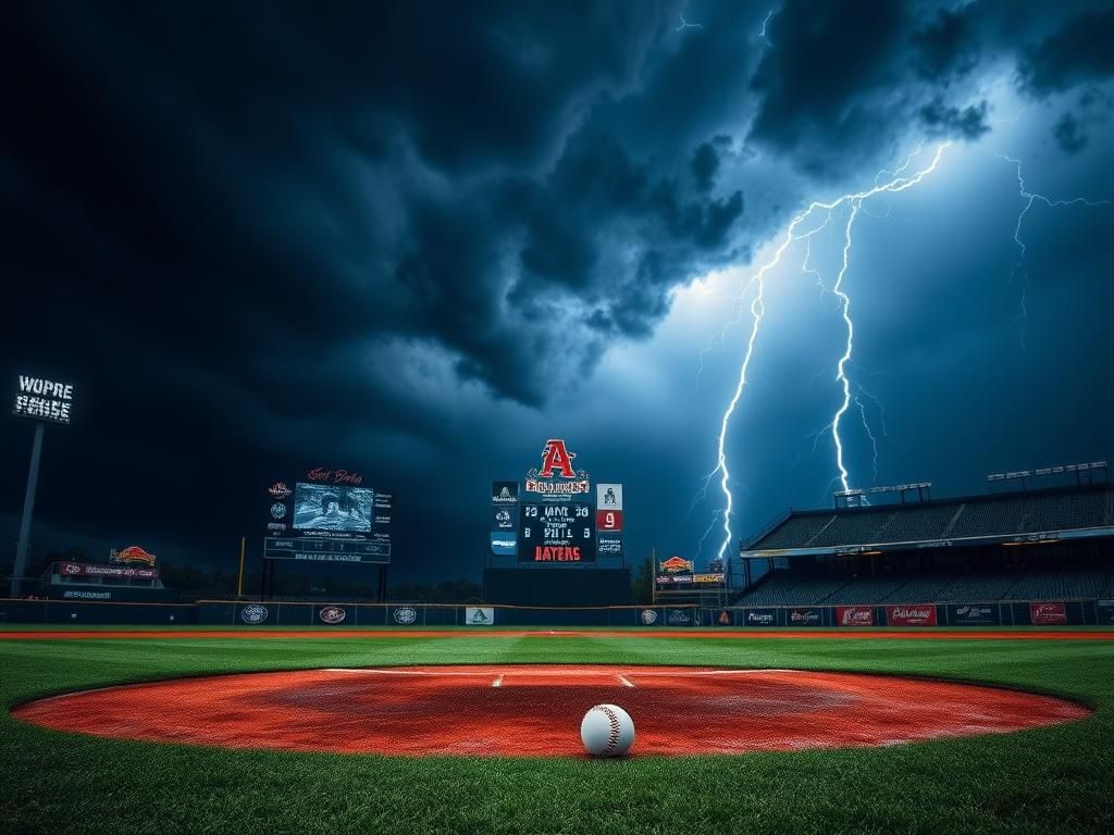 Flick International A minor league baseball field under a stormy sky with dark clouds and lightning.