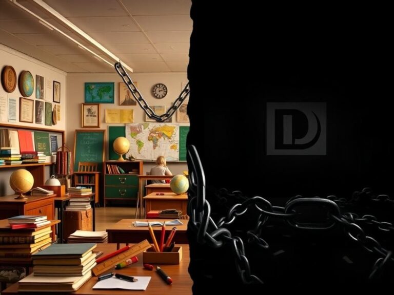 Flick International A split image showing a vibrant classroom with educational materials versus a dark atmosphere symbolizing division and conflict