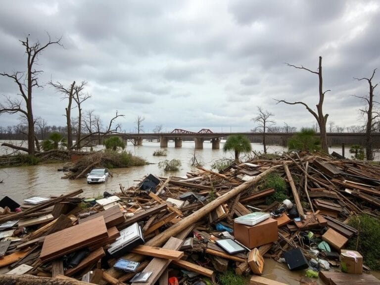 Flick International A desolate landscape in Kerr County, Texas, littered with debris and a partially collapsed bridge after severe flooding.