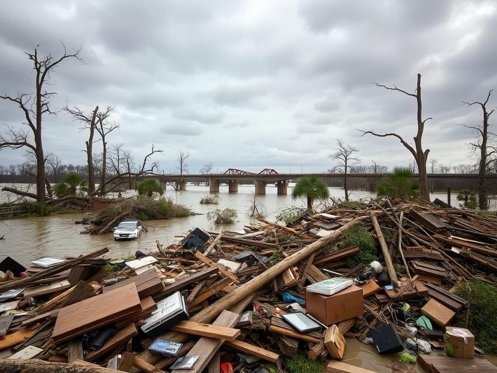 Flick International A desolate landscape in Kerr County, Texas, littered with debris and a partially collapsed bridge after severe flooding.