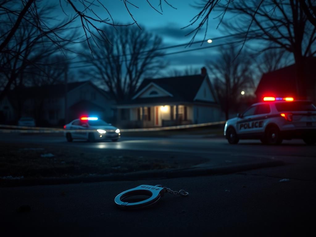 Flick International Dimly lit suburban neighborhood scene with police tape and vehicles during tense incident