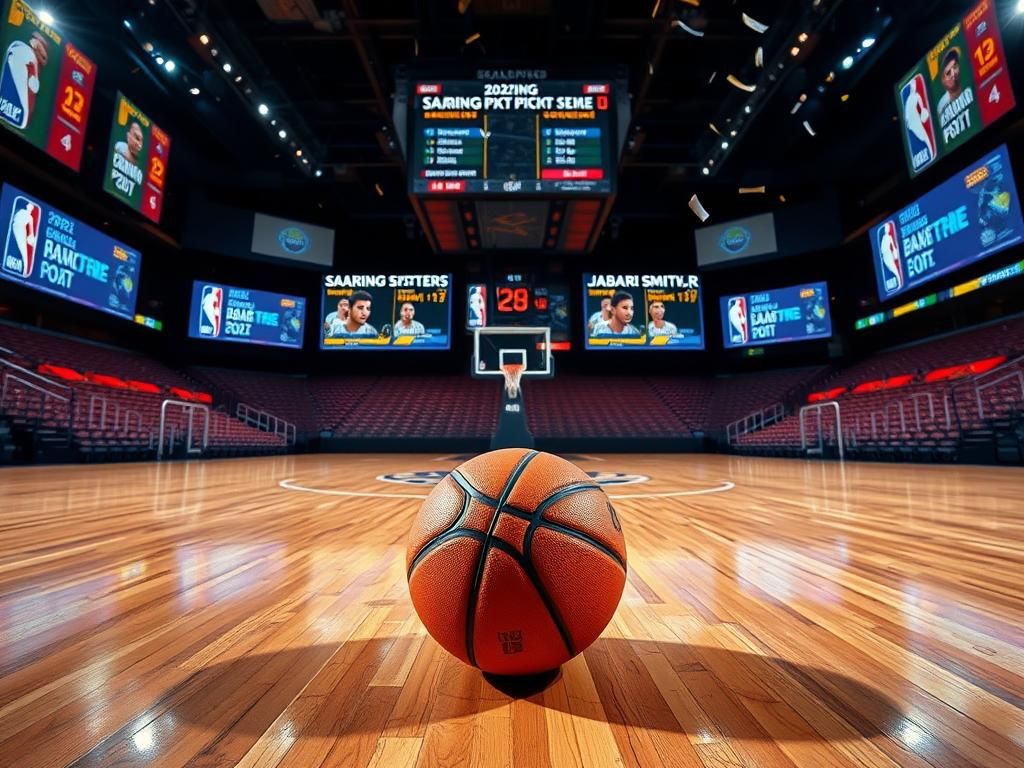 Flick International A Spalding basketball at center court in a vibrant NBA arena