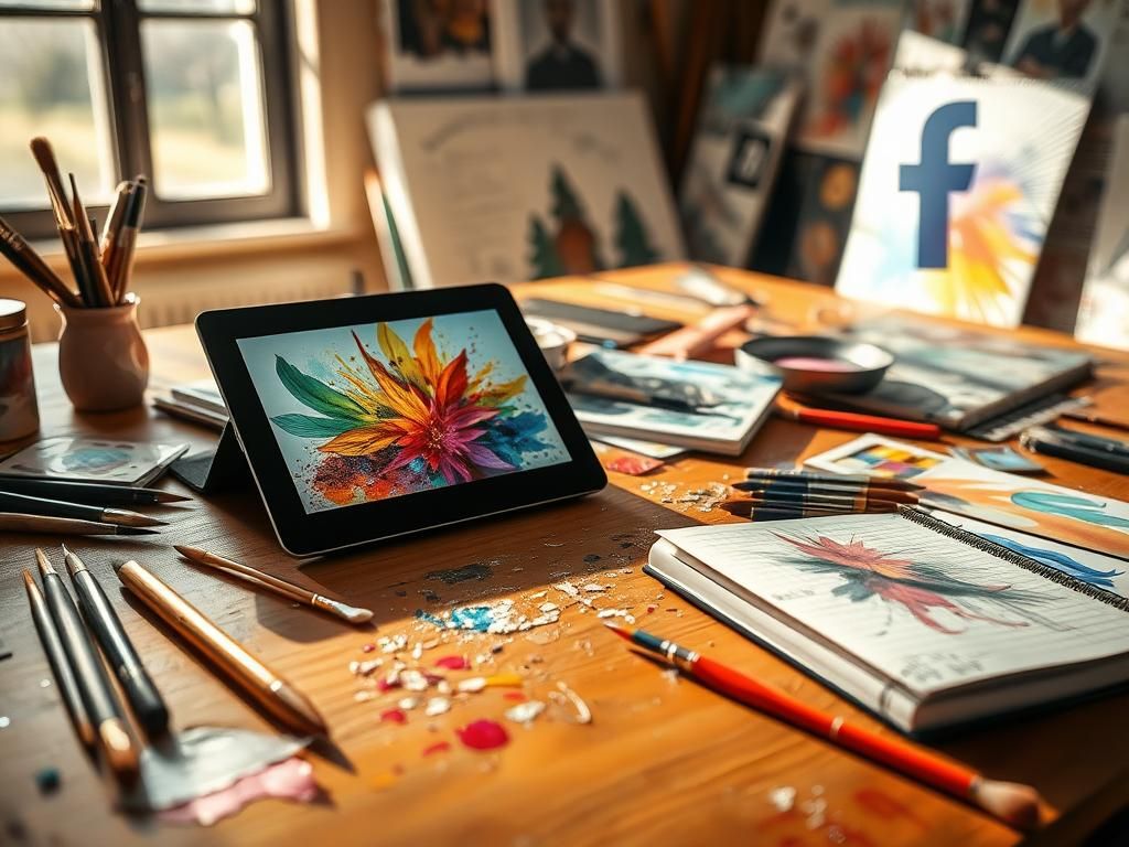 Flick International Close-up view of an artist's workspace with vibrant unfinished artwork, brushes, and a digital tablet