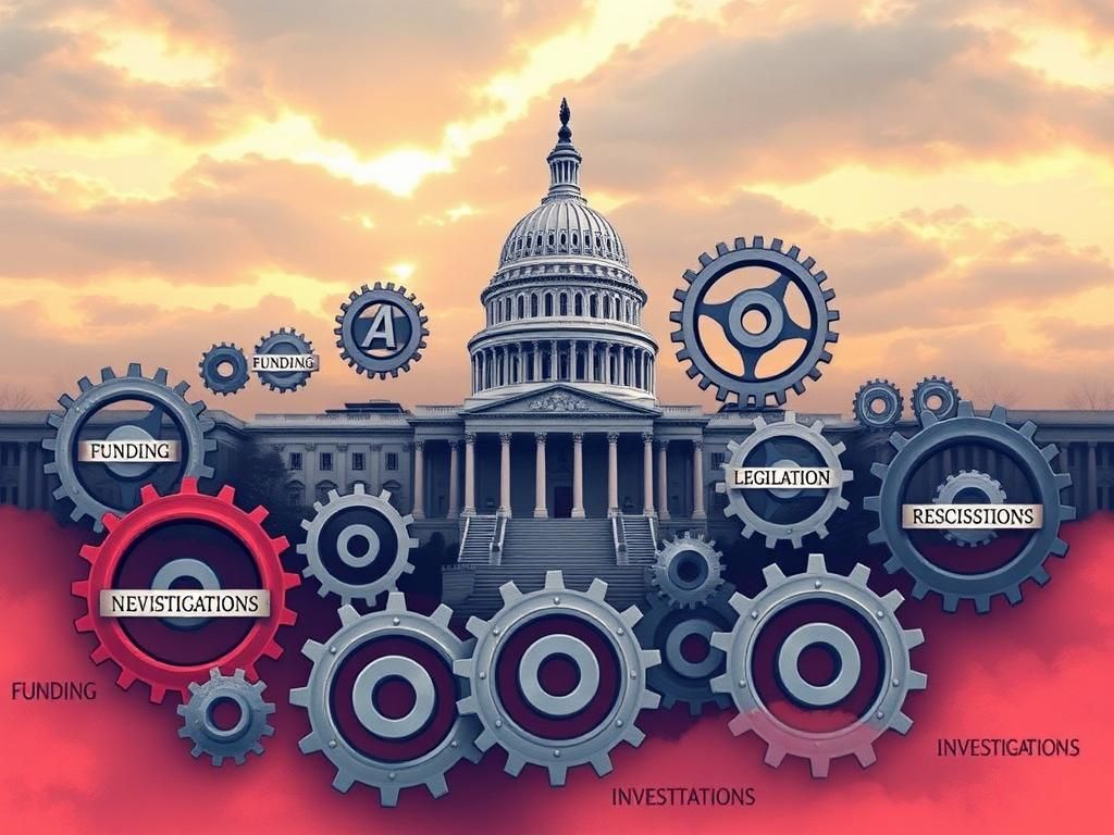 Flick International Conceptual illustration of the U.S. Capitol building surrounded by gears labeled with political keywords.