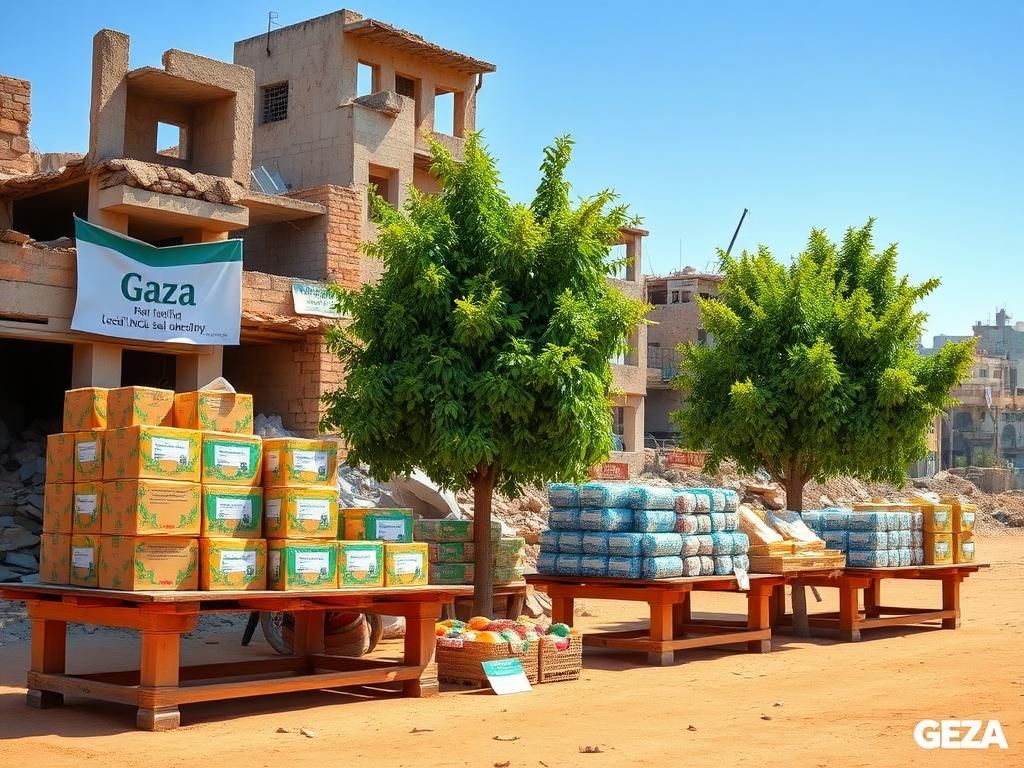 Flick International Open-air food distribution center in Gaza with packaged food boxes and damaged buildings in the background