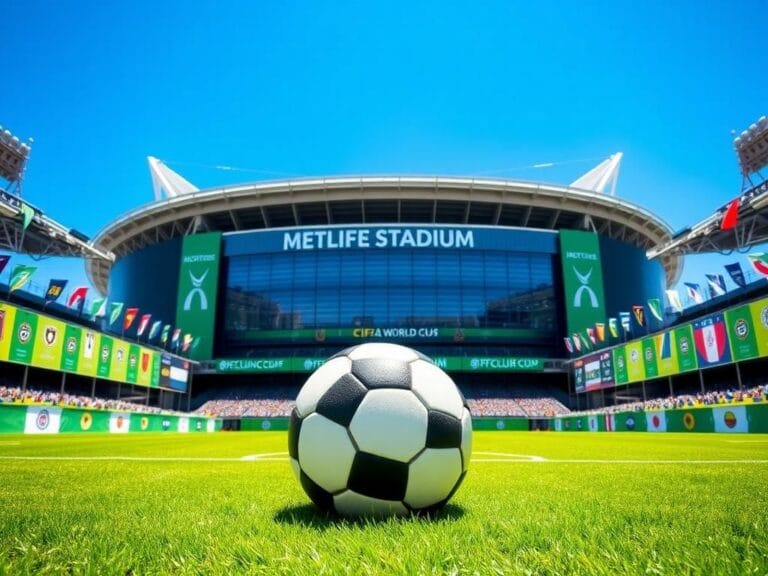 Flick International A vibrant view of MetLife Stadium adorned with soccer decorations for the FIFA Club World Cup final.