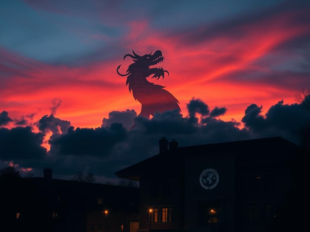 Flick International Silhouette of a large university building at twilight with a looming dragon symbolizing China in the background