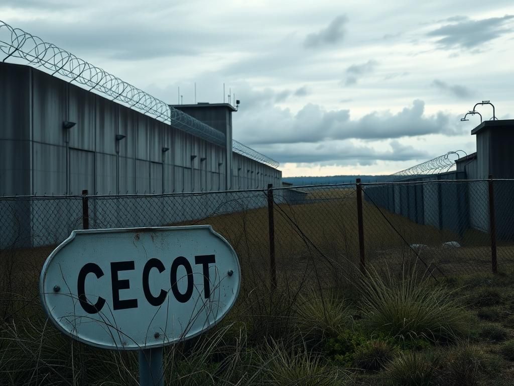 Flick International A stark view of a maximum-security prison compound with high walls and barbed wire.