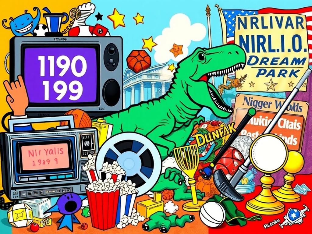 Flick International Nostalgic representation of the 1990s featuring a vintage boombox, cassette tapes, dinosaur motif for Jurassic Park, and sports memorabilia.