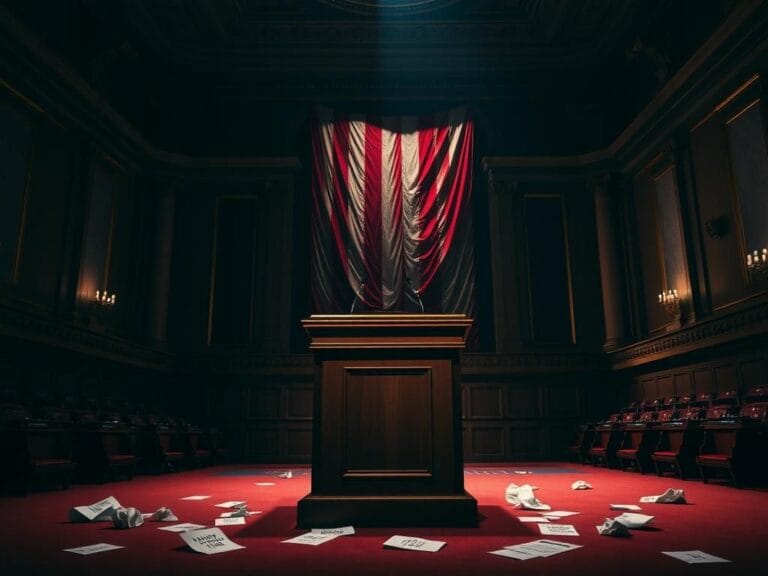 Flick International A dimly lit congressional chamber with a large wooden podium and an American flag in the background