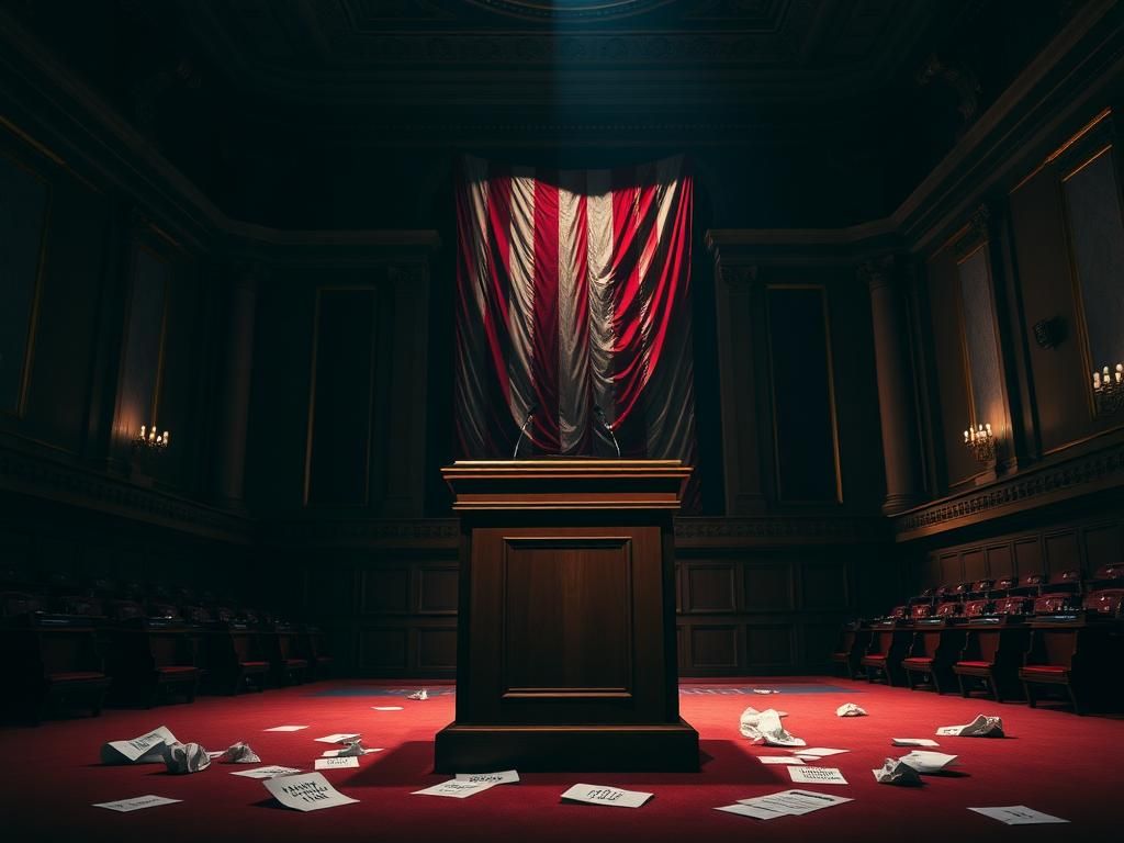 Flick International A dimly lit congressional chamber with a large wooden podium and an American flag in the background