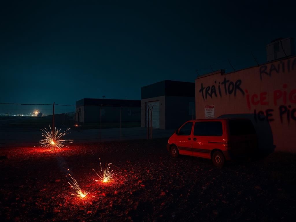 Flick International Dark exterior of the Prairieland Detention Center at night with barbed wire fencing