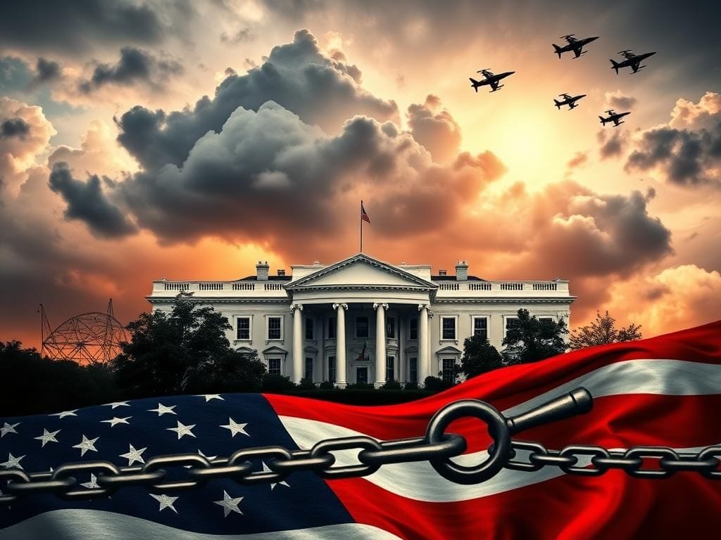 Flick International A bold collage depicting the White House against stormy skies, symbolizing tumultuous political times.