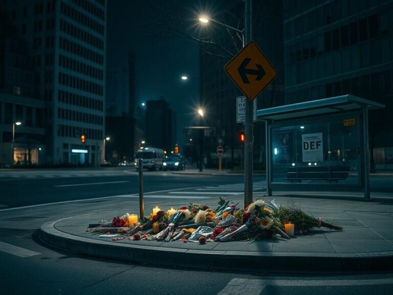 Flick International Worn-out memorial site with flowers and candles on a deserted street corner in Washington, D.C.