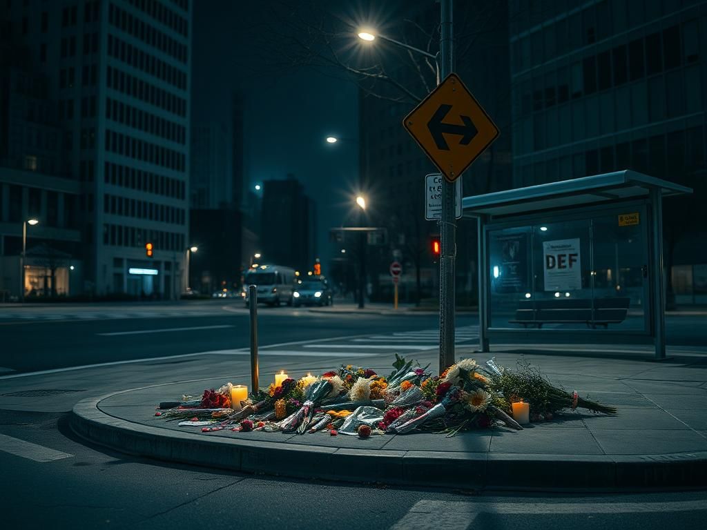 Flick International Worn-out memorial site with flowers and candles on a deserted street corner in Washington, D.C.