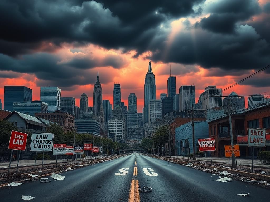 Flick International A dramatic urban skyline contrasting modern architecture with crumbling infrastructure highlighting the sanctuary cities crisis