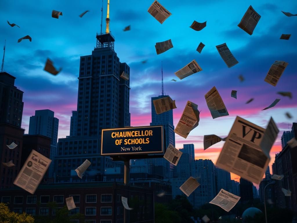 Flick International Dusk cityscape of New York City with illuminated school sign