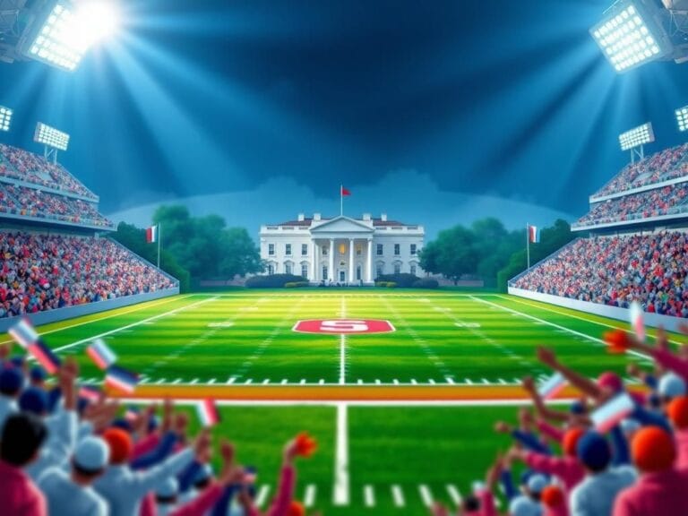 Flick International Vibrant digital illustration of an empty football field celebrating a touchdown with bright stadium lights