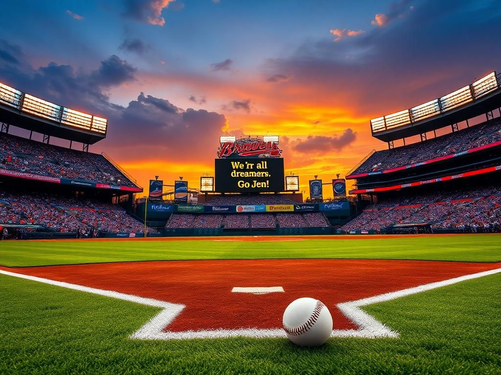Flick International A vibrant baseball stadium scene at Atlanta Braves ballpark celebrating Jen Pawol's historic umpiring debut.