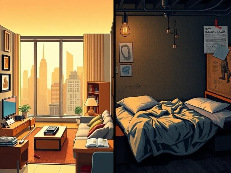 Flick International A split scene showing contrasting New York City living environments: a luxurious rent-stabilized apartment and a dim homeless shelter.