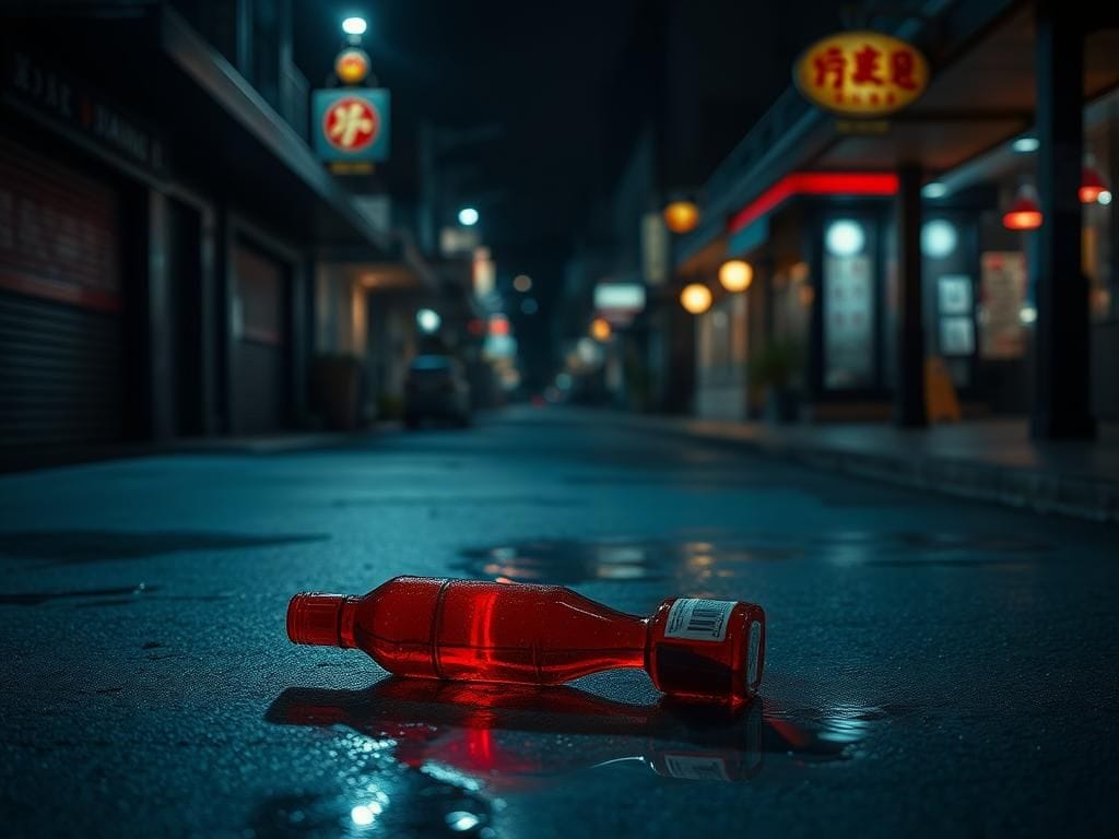 Flick International A dark Chinatown street at night with a discarded red bottle and corrosive liquid on the pavement