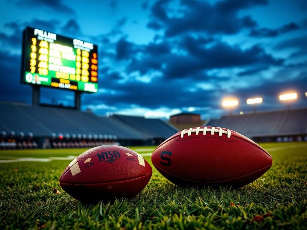 Flick International A football resting on the field with a vibrant stadium in the background during twilight.