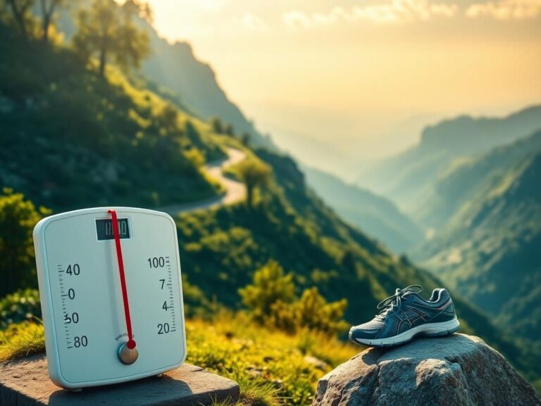Flick International A scenic mountain path with a scale showing weight loss and running shoes symbolizing health journey