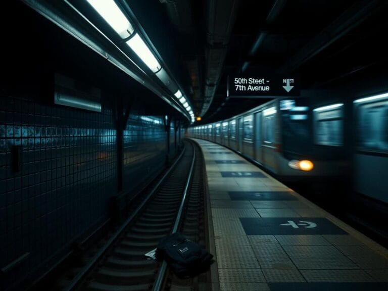 Flick International Dimly lit subway station platform at night with empty tracks and signs of recent activity