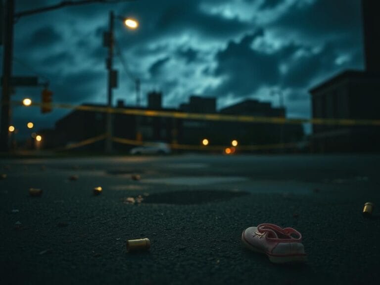 Flick International A somber street corner in Baltimore at night with discarded children's shoe and police tape.