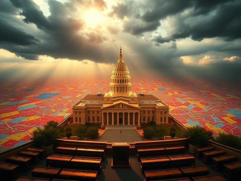 Flick International Aerial view of the Texas state capitol building with political maps overlaying the landscape
