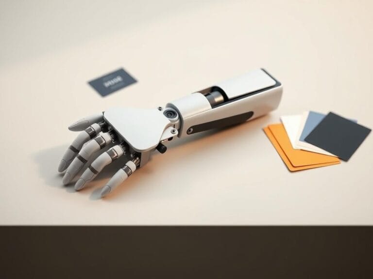 Flick International Close-up view of a sleek, modern 3D-printed bionic arm showcasing its intricate details and customizable features.