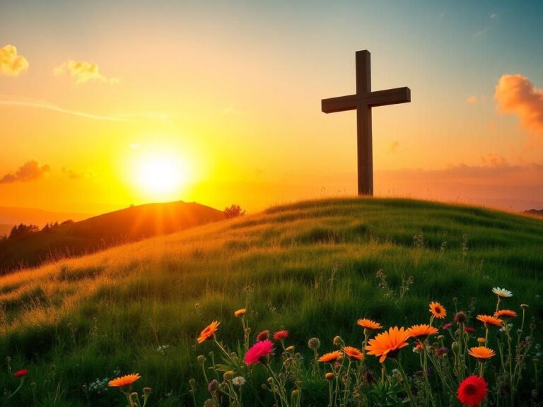 Flick International A serene sunrise over a lush green hill with a large illuminated cross