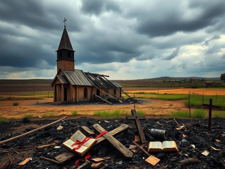 Flick International A broken church surrounded by desolate fields representing Christian persecution in sub-Saharan Africa