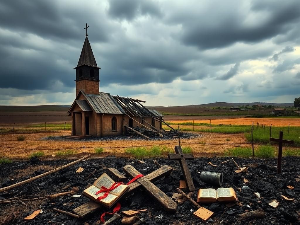 Flick International A broken church surrounded by desolate fields representing Christian persecution in sub-Saharan Africa