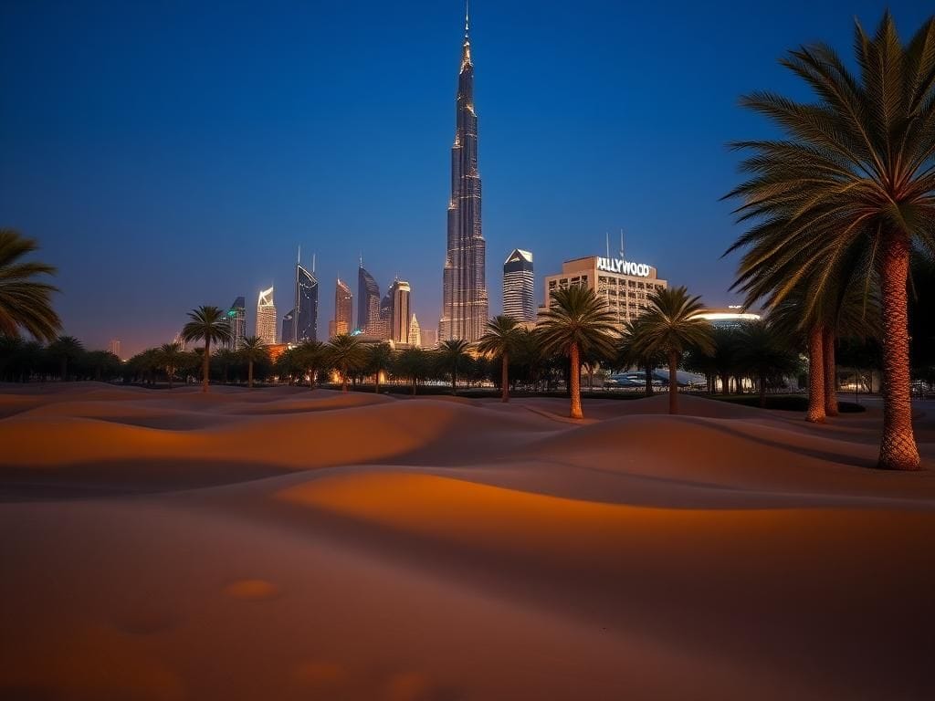 Flick International A serene Dubai skyline at dusk featuring the illuminated Burj Khalifa against a deep blue sky