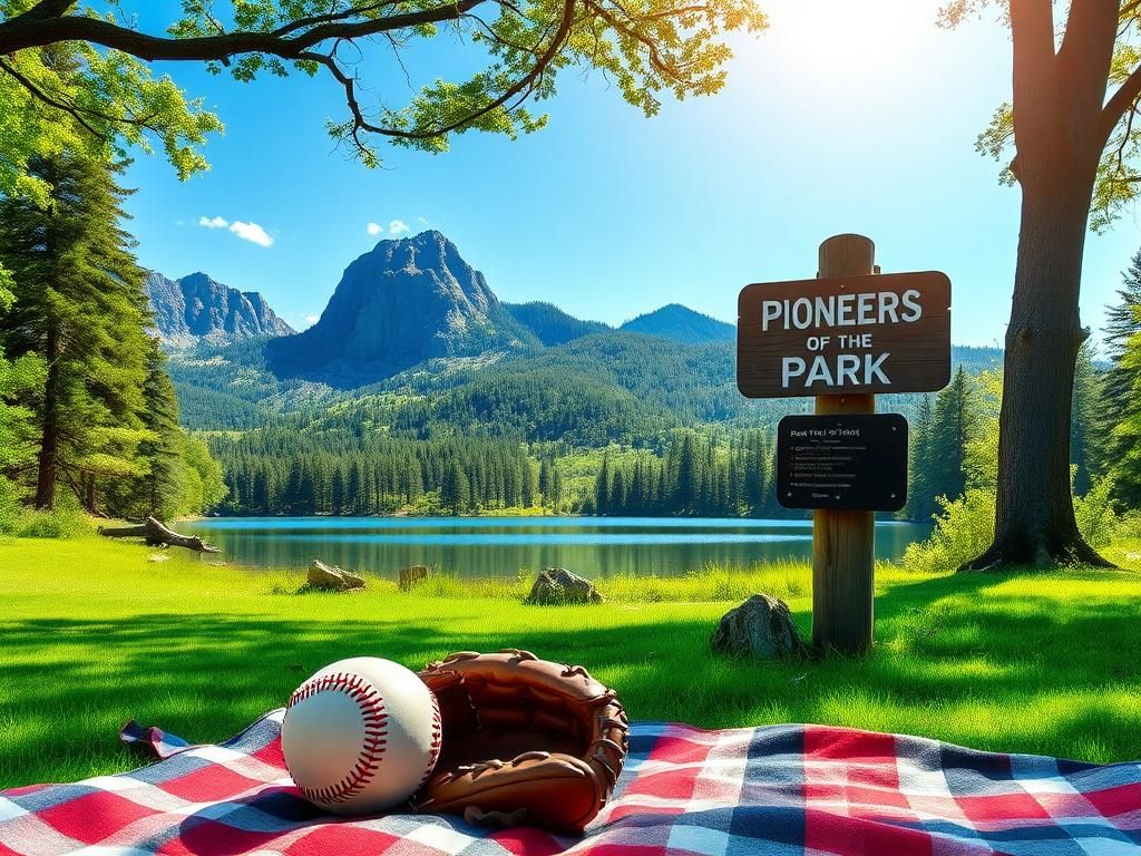Flick International A serene landscape of a national park with a vintage baseball glove and ball on a picnic blanket