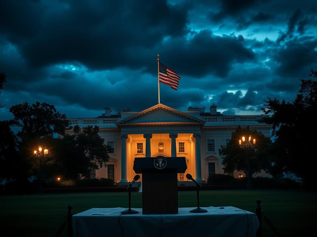 Flick International A dramatic exterior view of the White House at twilight with an empty press podium symbolizing a recent press conference.