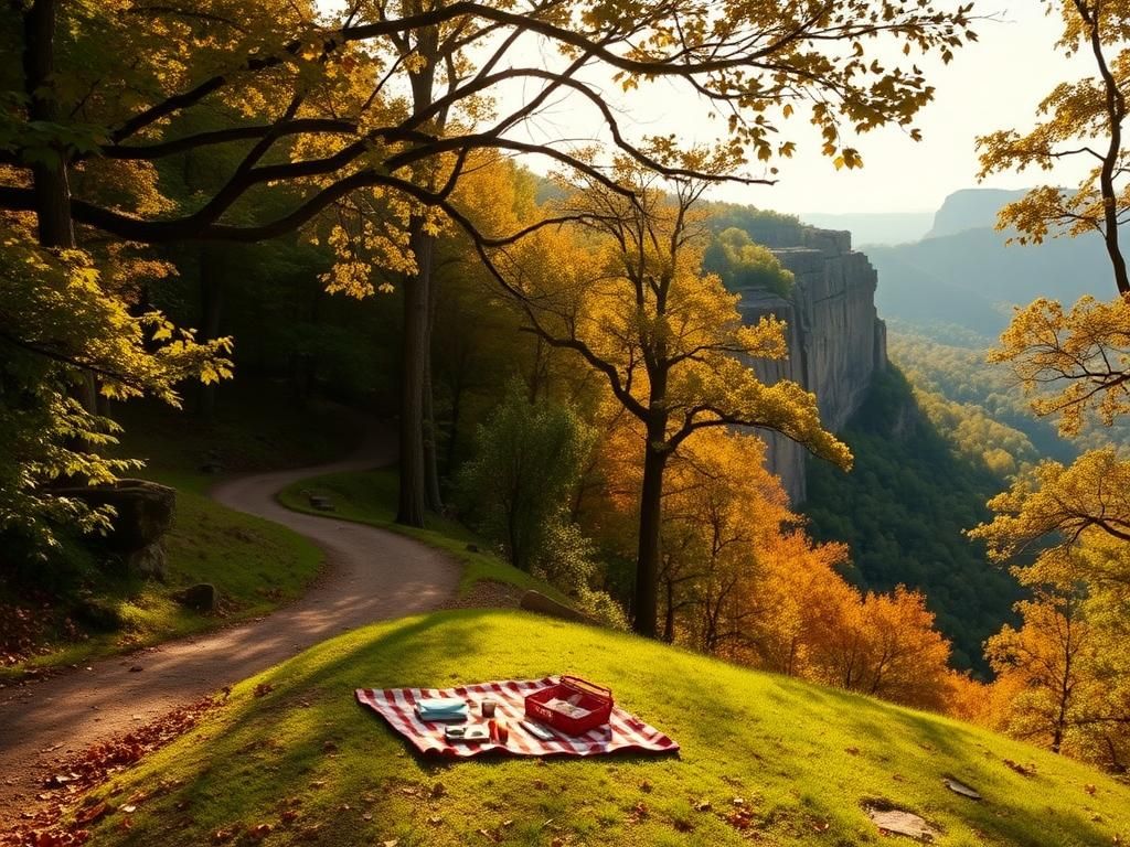 Flick International Serene landscape of Devil's Den State Park featuring autumn foliage and a hiking trail