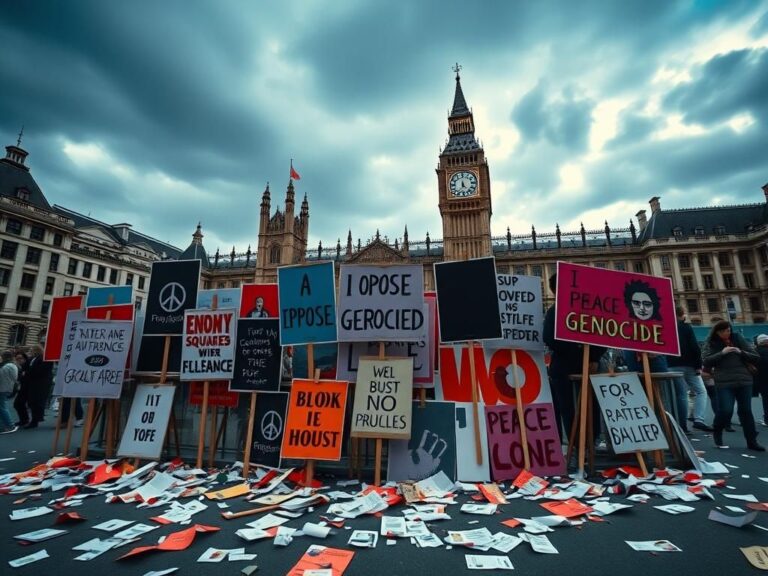 Flick International Protest signs at Parliament Square during anti-Israel demonstration in London