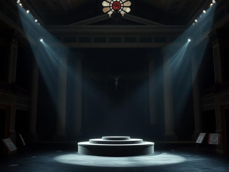 Flick International A dimly lit theater stage with an ornate grand backdrop symbolizing Christianity