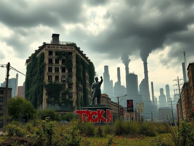 Flick International A dilapidated building labeled 'Means of Production' overgrown with vines and graffiti, symbolizing the clash of ideologies.