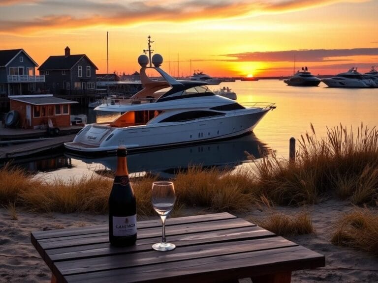 Flick International A serene sunset view of a luxurious yacht docked at Montauk marina